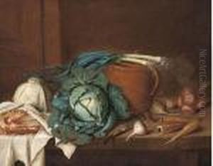 Cabbages, Leeks, Turnips,
Carrots And Onions With A Knife, Astoneware Jug And A Joint Of Meat On A
Table by Gabriel Gresly