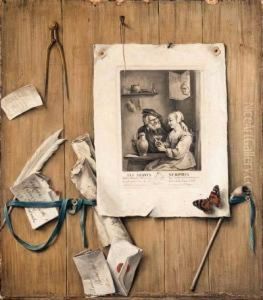 A Trompe L'oeil Of An Engraving 
Of David Teniers Ii's Surprisedlovers, Letters, A Bill, Two Scrolls, A 
Feather, A Pipe And A Pairof Callipers Attached To A Partition, With A 
Fly And Abutterfly