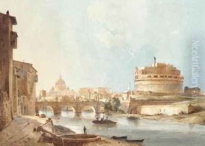 View of the Castel Sant' Angelo and St Peter's, Rome by Ippolito Caffi