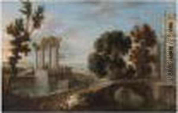 The Grounds Of A Palace With 
Elegant Figures Promendading, A Flock Of Sheep Being Driven Over A 
Bridge, Ruins Beyond - view 1