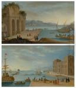 Deux Ports Italianisants Au Lever Et Au Coucher Du Soleil by Orazio Grevenbroeck