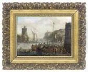 A Mediterranean Harbour, With Stevedores On A Quay by Orazio Grevenbroeck