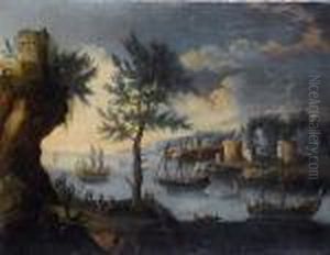 A Coastal Inlet With Shipping At
Anchor; And Arocky Coastline With Shipping At Anchor Beyond by Orazio Grevenbroeck