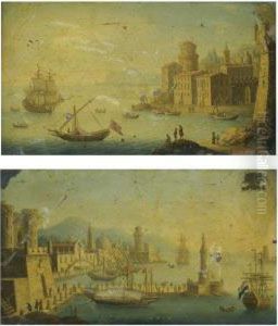 A Capriccio Costal View Of A Mediterranean Town With A Ship Moored Offshore by Orazio Grevenbroeck