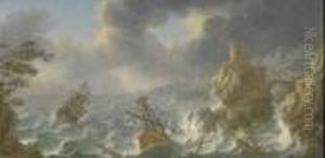 Marina In Tempesta Con Veliero E Porto Sullo Sfondo by Orazio Grevenbroeck
