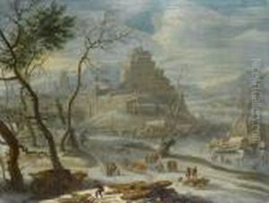 A Winter Landscape With Figures Collectingfirewood And Others Skating On A Frozen River