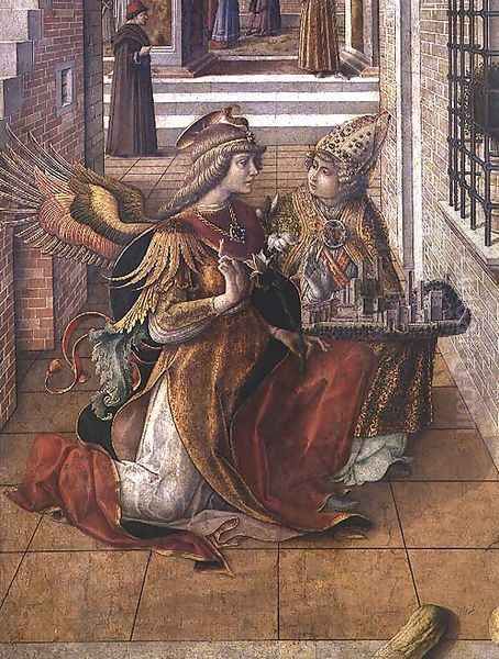The Annunciation with St. Emidius, detail of the archangel Gabriel with the saint, 1486 by Carlo Crivelli