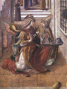 The Annunciation with St. Emidius, detail of the archangel Gabriel with the saint, 1486 by Carlo Crivelli