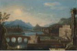 A Capriccio River Landscape With A Palace In The Foreground by Orazio Grevenbroeck