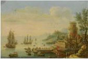 A Fortified Mediterranean Port With Men-o'-war At Anchor