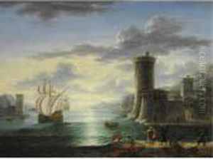 Marina All'alba Con Imbarcazioni, Figure E Un Paese Fortificato Sulla Destra by Orazio Grevenbroeck