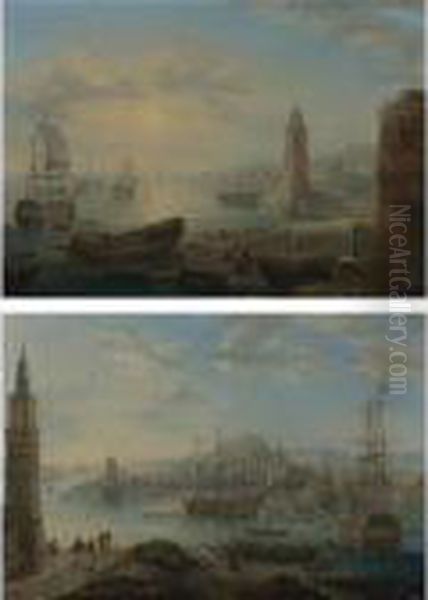 Views Of Mediteranean Port
Capriccios With Men-o'war And Oriental Figures: A Pair Of Paintings - view 1