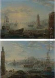 Views Of Mediteranean Port 
Capriccios With Men-o'war And Oriental Figures: A Pair Of Paintings