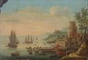 A Mediterranean Harbor Scene With Numerous Ships And Figures In The Foreground by Orazio Grevenbroeck