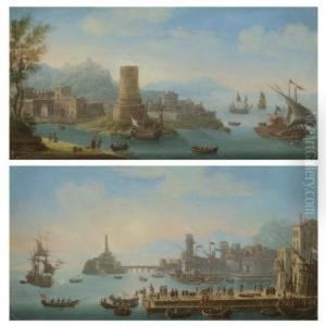 A Mediterranean Harbour Scene 
With Numerous Figures On The Quay And A Man-o-war At Anchor; A 
Mediterranean Estuary Scene With An Ottoman Barge by Orazio Grevenbroeck