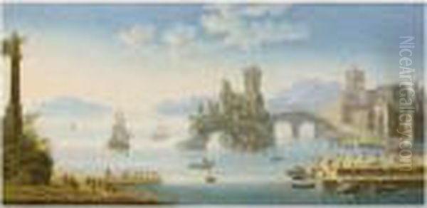 A Mediteranean Harbour Scene 
With Figures On A Shore, Near A Ruin, A Fortified Town To The Left; A 
Mediteranean Harbour Scene With Different Ships, Figures On Shore, A 
Ruin In The Centre And A Fortified Town To The Right - view 1