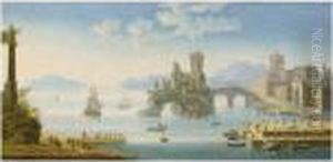 A Mediteranean Harbour Scene 
With Figures On A Shore, Near A Ruin, A Fortified Town To The Left; A 
Mediteranean Harbour Scene With Different Ships, Figures On Shore, A 
Ruin In The Centre And A Fortified Town To The Right by Orazio Grevenbroeck