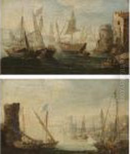 A Pair Of Mediterranean Harbour Scenes by Orazio Grevenbroeck