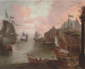 A Mediterranean Coastal Harbour With Men-o'war And Elegant Figures On The Shore