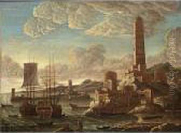 A Mediterranean Harbour Scene At
 Sunset With Sailing Vessels Moored And Figures Unloading Boats, A 
Firehouse And A Town Nearby - view 1