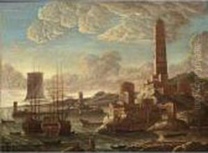 A Mediterranean Harbour Scene At
 Sunset With Sailing Vessels Moored And Figures Unloading Boats, A 
Firehouse And A Town Nearby by Orazio Grevenbroeck