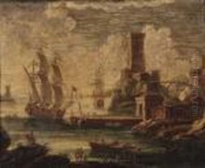 A Mediterranean Coastal Harbour With Moored Shipping by Orazio Grevenbroeck