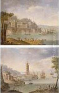 Harbour Scene With Ships By A Tower; Harbour Scene With Ships By A Fortification by Orazio Grevenbroeck