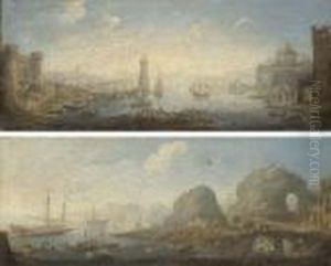 A Mediterranean Harbour With A Fortified Castle And A Temple by Orazio Grevenbroeck