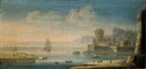 Marina Mediterranea Con Fortificazioni Costiere, Un Vascello Evarie Lance Alla Rada by Orazio Grevenbroeck