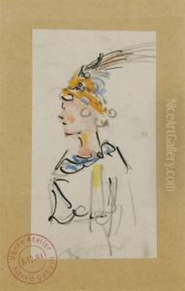 Ensemble De Quatre Dessins
Representant Un Homme Portant Un Chapeau, Une Elegante Au Chapeau, Une
Danseuse Vue De Dos Et Un Militaire Avec Son Epee Sur Le Cote - view 1