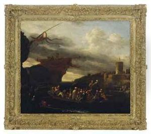 Merchants And Sailors Disembarking From A Galleon In Amediterranean Port