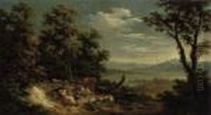 A Wooded Landscape With Resting Shepherds And Cattle, Sheep And Adog
