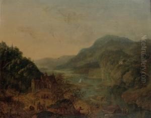An Extensive Mountainous River Landscape With Activities Near Thewater
