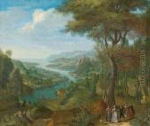 Bewaldete Fluslandschaft Mit Einer Burganlage Und Figuren