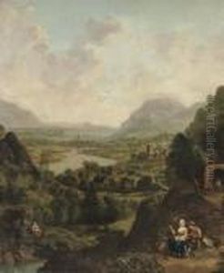 A Rhenish River Landscape With 
Figures Travelling And Conversing Beside A Track, A City Beyond