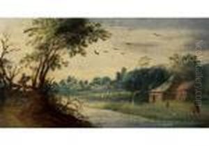 Kleine Niederlandische 
Landschaft Mit Flusslauf, Strohgedeckten Hausern Und Figurenstaffage