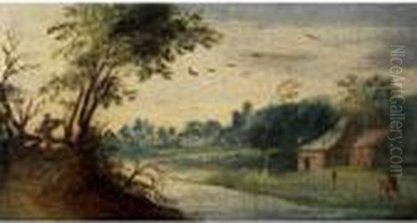 Kleine Niederlandische 
Landschaft Mit Flusslauf, Strohgedecktenhausern Und Figurenstaffage - view 1