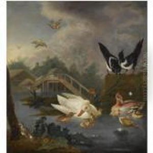 Two Ducks With Chicks, Two 
Magpies, A Chaffinch And Other Birds Ina River Landscape Near A Bridge 
And A Church Tower