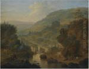 A Fluvial Landscape With Figures Conversing In The Foreground