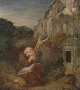 A Hermit Praying Before A Tomb, A Landscape With Ruins Beyond