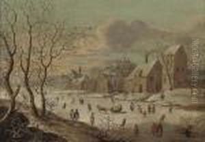 A Frozen River Landscape With Figures Playing Kolf, By A Village