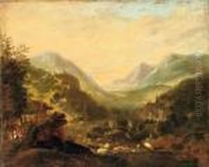 A Rhenish Landscape With 
Travellers And Figures In Moored Boats Near A Castle On A Hill, A Town 
Beyond