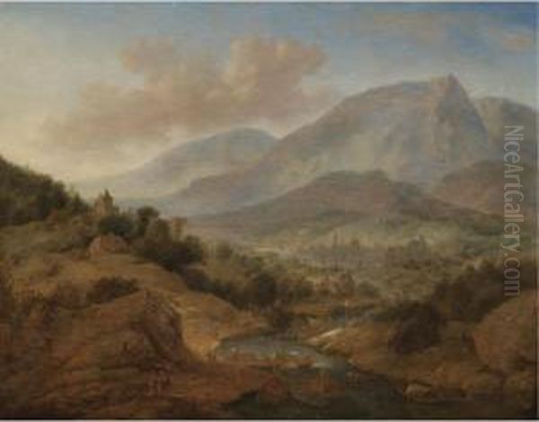 An Extensive Rhenish River
Landscape, With Figures Unloading Cargo Boats In The Foreground - view 1