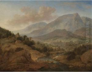 An Extensive Rhenish River 
Landscape, With Figures Unloading Cargo Boats In The Foreground