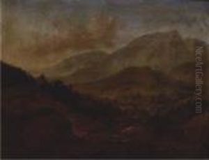 A Rhenish Landscape With 
Travellers And Merchants On Moored Boats, A Town In The Distance