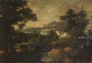 A Wooded River Landscape With Figures On A Track, A Housebeyond
