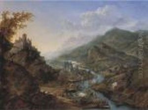 A Rhenish Landscape With Travellers And Figures On Moored Boatsnear A Castle On A Hill