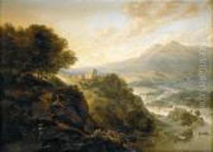 An Extensive Mountainous River 
Landscape With Peasants Resting By A Path, A Small Fortified Town In A 
Valley Beyond