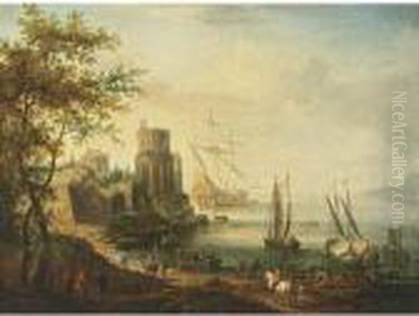 The Elder, A Southern Harbour 
Scene With A Man-of-war And Other Sailing Vessels, Travellers And 
Shepherds With Their Herd And Other Figures Unloading Vessels - view 1