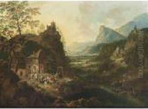 A Rhenish Mountainous River 
Landscape With Horsemen And Travellers Near An Inn, Fishing Boats On The
 River, And A Castle On A Hill Top And Other Castles And Villages Beyond